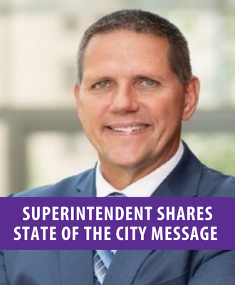  Mr. Fisher headshot and, "Superintendent Shares State of the City Message"
