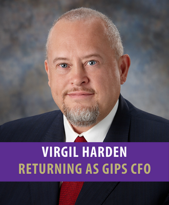  Virgil Harden headshot with text: "Virgil Harden Returning as GIPS CFO".