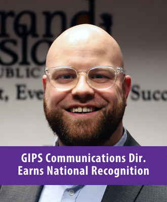  Mitchell Roush headshot with text, "GIPS Communications Dir. Earns National Recognition".