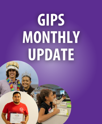  GIPS Monthly Update graphic with purple background and photos of smiling students