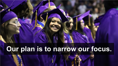 Photo of smiling student at graduation in their GISH purple cap and gown - "Our plan is to narrow our focus."