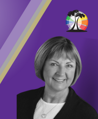 Black and white headshot of GISH Activities Director, Cindy Wells, with a purple gradient background