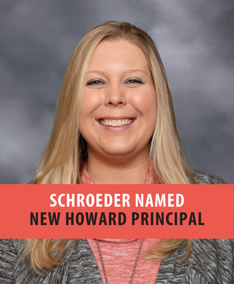  Jessica Shroeder headshot with red ribbon text: "Schroeder Named New Howard Principal"