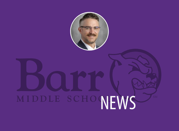 Jess McHargue headshot with Barr Middle School news graphic.