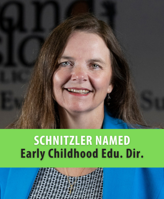  Mrs. Julie Schnitzler headshot with text reading: "Schnitzler Named Early Childhood Edu. Dir."