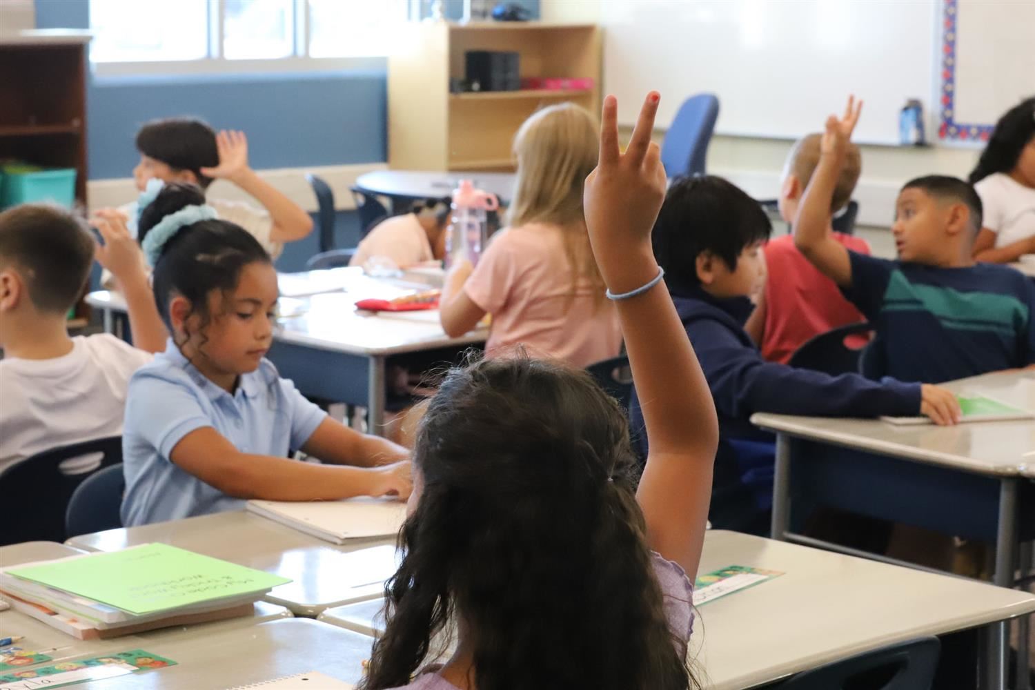 Students raising hands in a Starr Elementary classroom