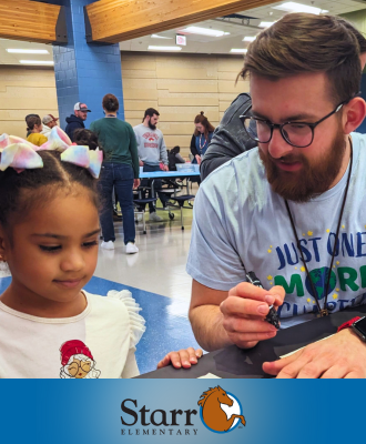  Mr. Streck leading a poetry project with student at Starr family literacy night.